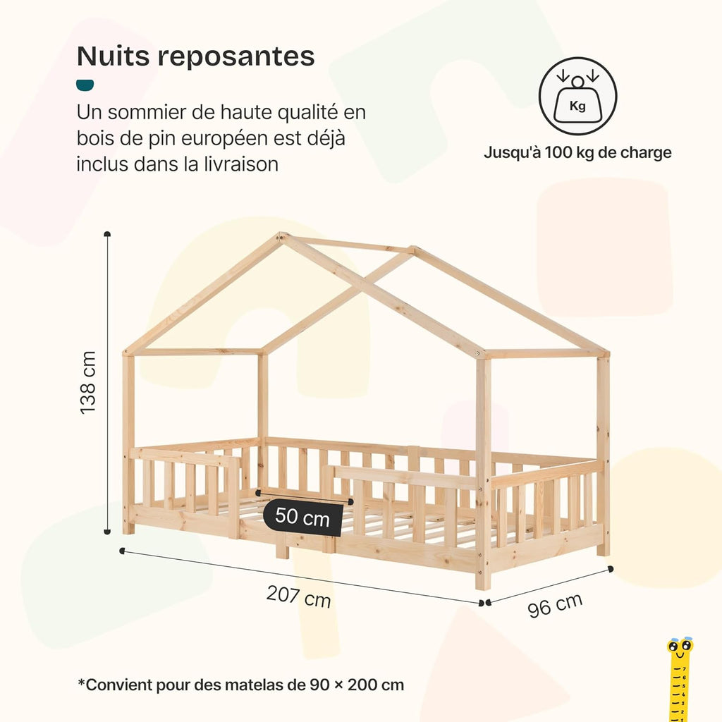 Lit enfant forme maison AAKB-8779 90 x 200 cm bois de pin avec barrière de protection sommier inclus charge 100 kg