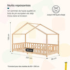 Lit enfant forme maison AAKB-8779 90 x 200 cm bois de pin avec barrière de protection sommier inclus charge 100 kg