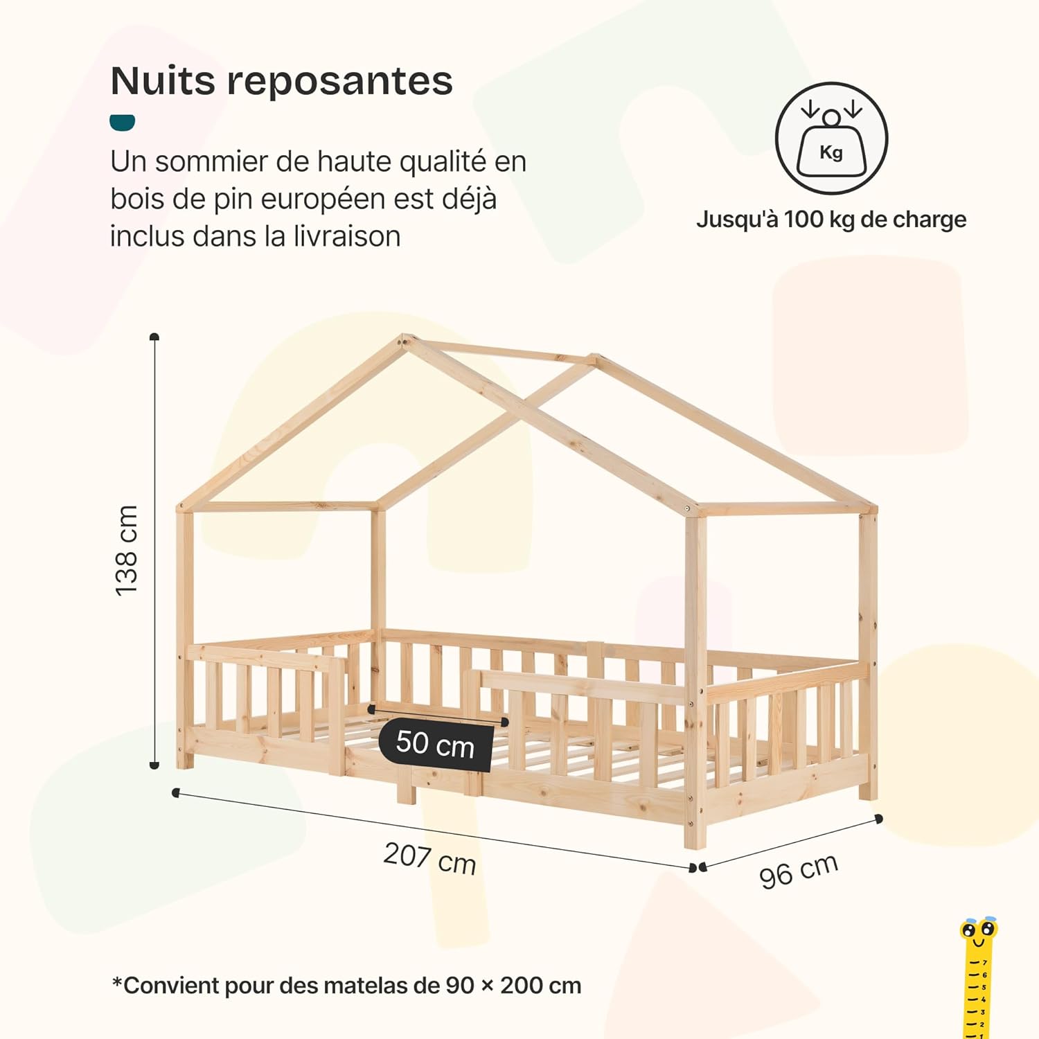 Lit enfant forme maison AAKB-8779 90 x 200 cm bois de pin avec barrière de protection sommier inclus charge 100 kg