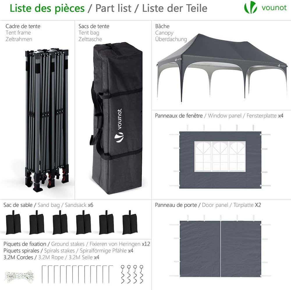 Tonnelle de jardin pliante 3 x 6 m avec parois amovibles sacs de sable structure acier protection UV50+ imperméable