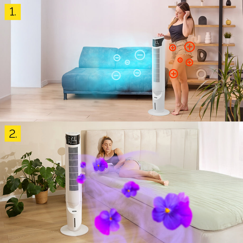Przenośny klimator wodny wentylator kolumnowy cichy 33dB z funkcją jonizacji i aromaterapii 6w1