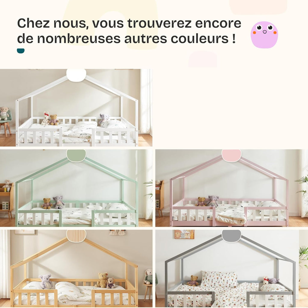 Lit enfant forme maison AAKB-8779 90 x 200 cm bois de pin avec barrière de protection sommier inclus charge 100 kg