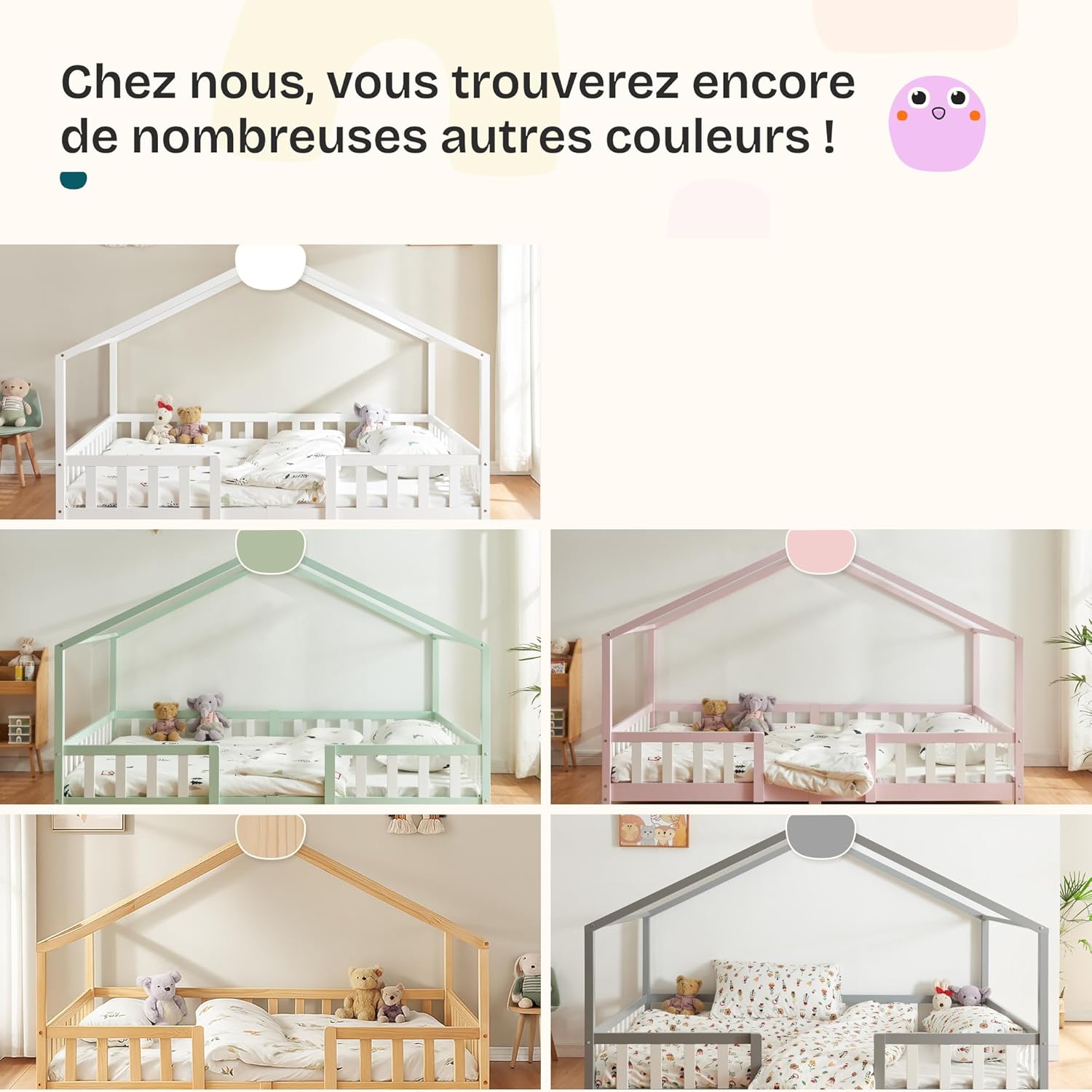 Lit enfant forme maison AAKB-8779 90 x 200 cm bois de pin avec barrière de protection sommier inclus charge 100 kg