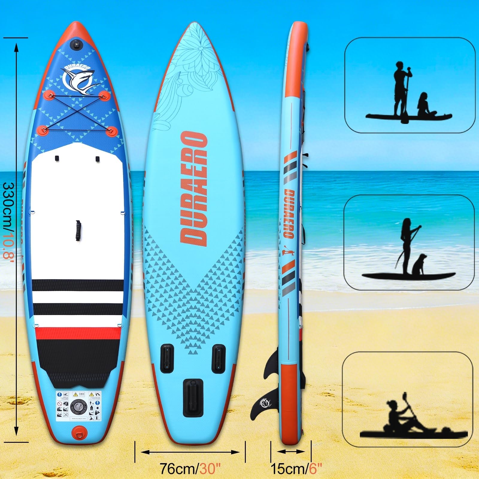 Planche de paddle gonflable 330 x 76 x 15 cm avec siège kayak pagaie double réglable support caméra 3 ailerons charge 150 kg