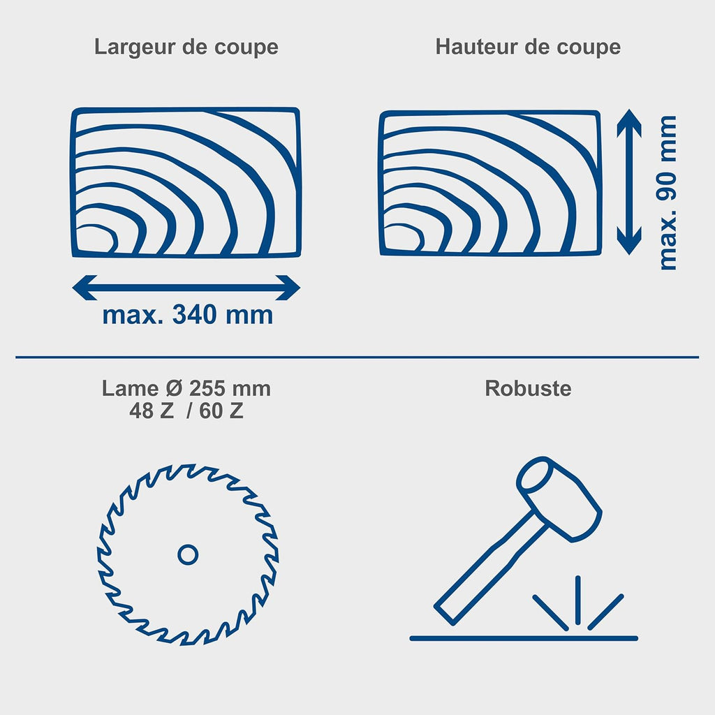 Scie à onglets radiale HM254 2000 W lame 255 mm coupe 340 x 90 mm laser 2 lames incluses