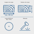Scie à onglets radiale HM254 2000 W lame 255 mm coupe 340 x 90 mm laser 2 lames incluses