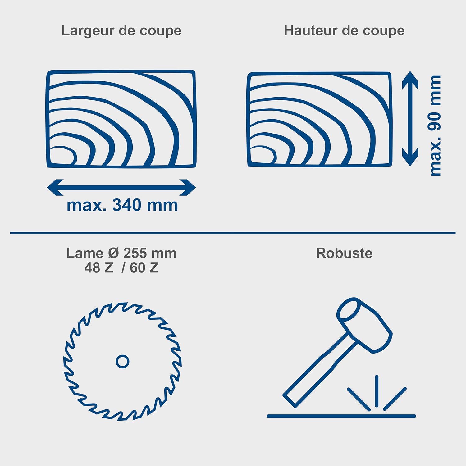 Scie à onglets radiale HM254 2000 W lame 255 mm coupe 340 x 90 mm laser 2 lames incluses