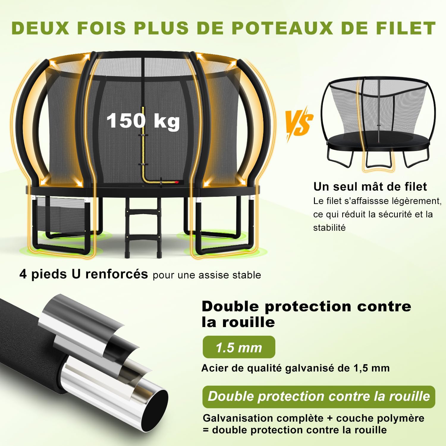 Trampoline extérieur diamètre 228-427cm avec filet sécurité couverture protection capacité charge 150kg enfants