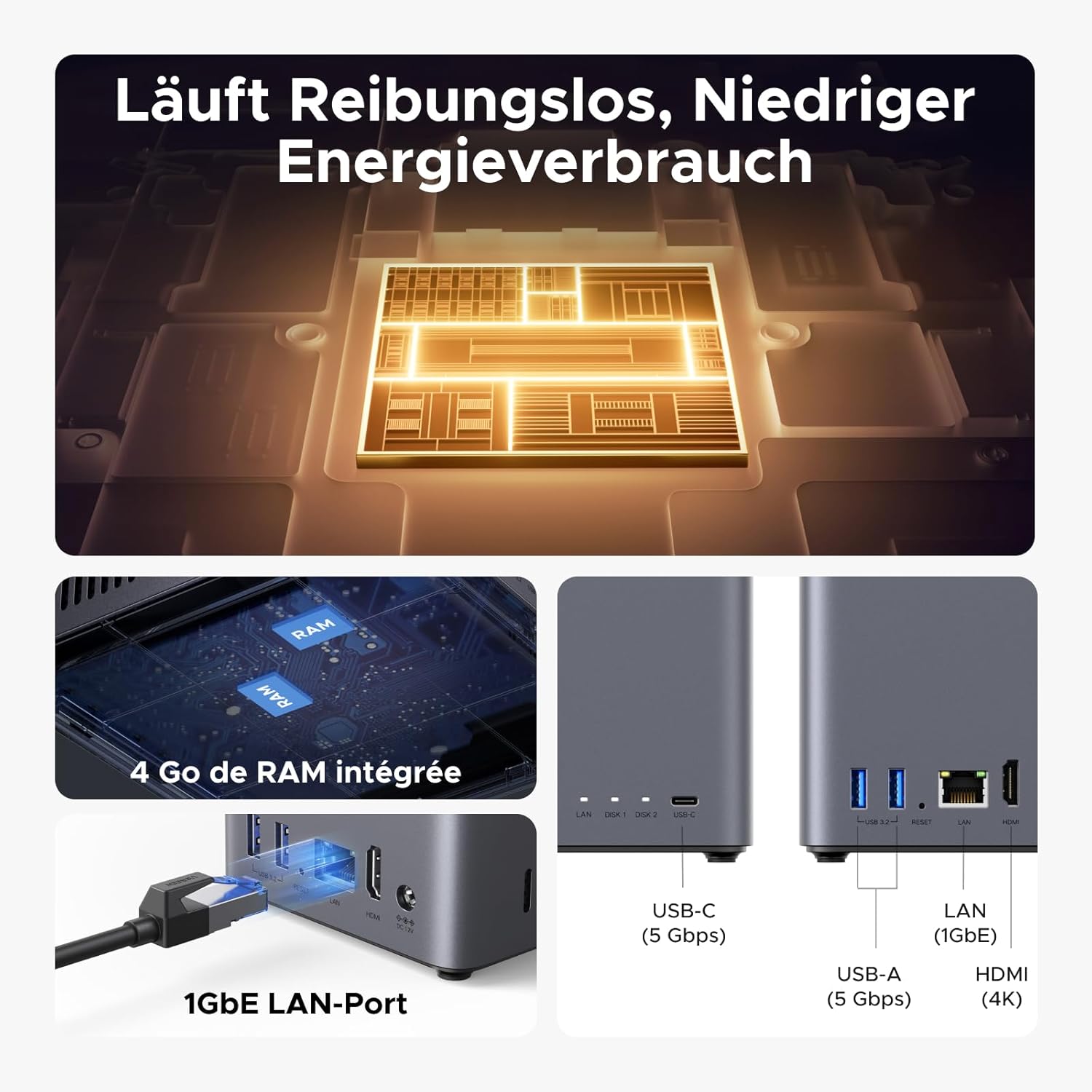 NAS de bureau NASync DH2300 2 baies 4 Go RAM stockage 64 To LAN 1GbE NFC HDMI 4K album photo IA chiffrement