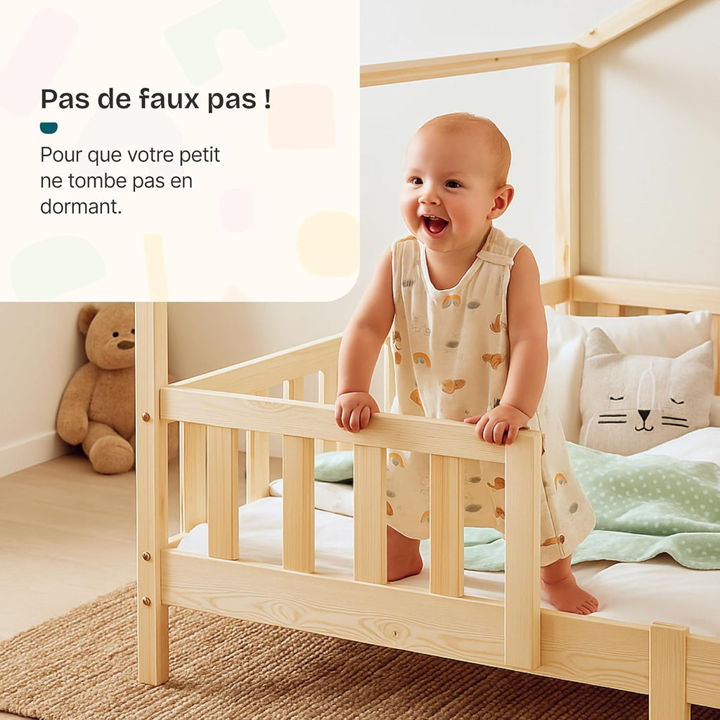Lit enfant forme maison AAKB-8779 90 x 200 cm bois de pin avec barrière de protection sommier inclus charge 100 kg