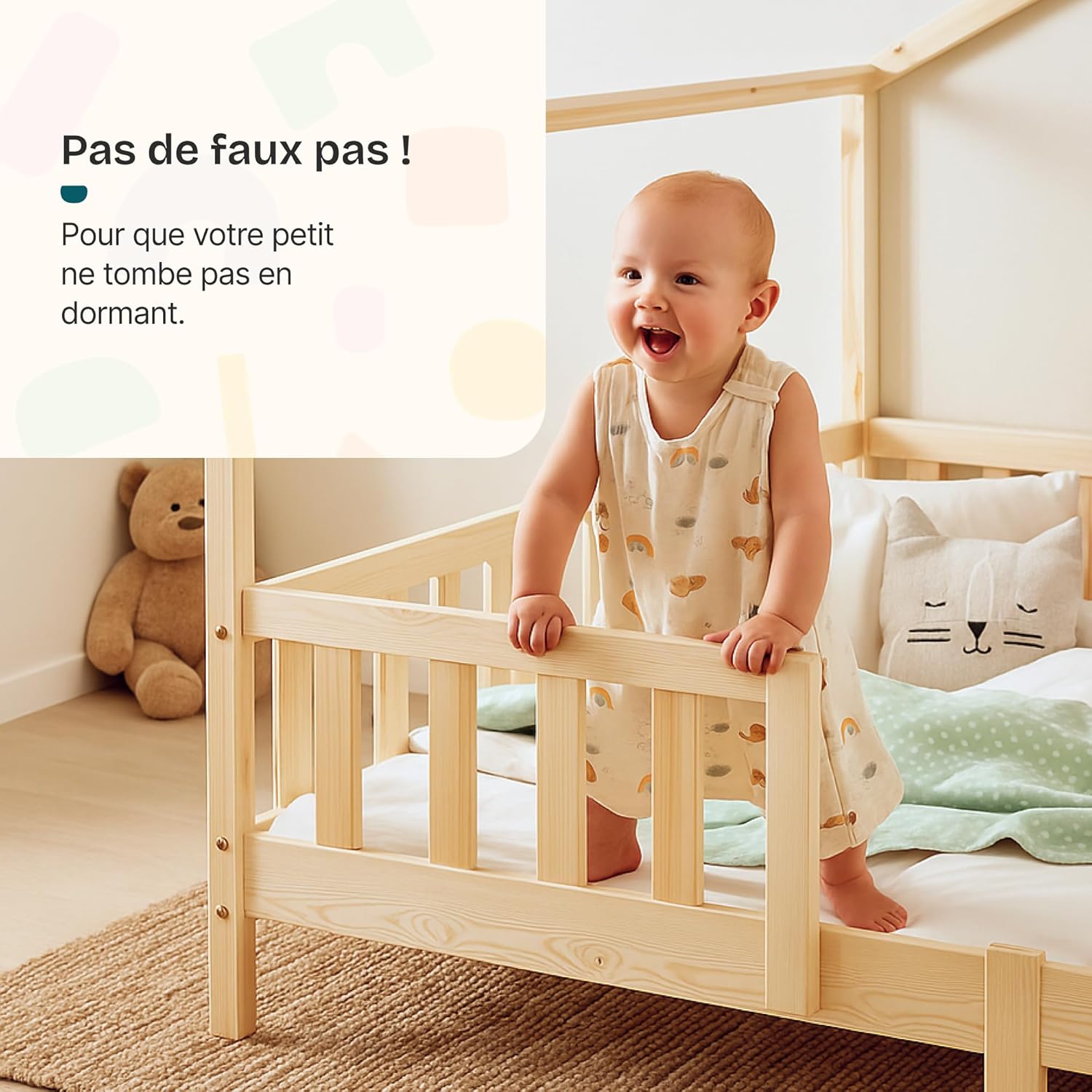 Lit enfant forme maison AAKB-8779 90 x 200 cm bois de pin avec barrière de protection sommier inclus charge 100 kg