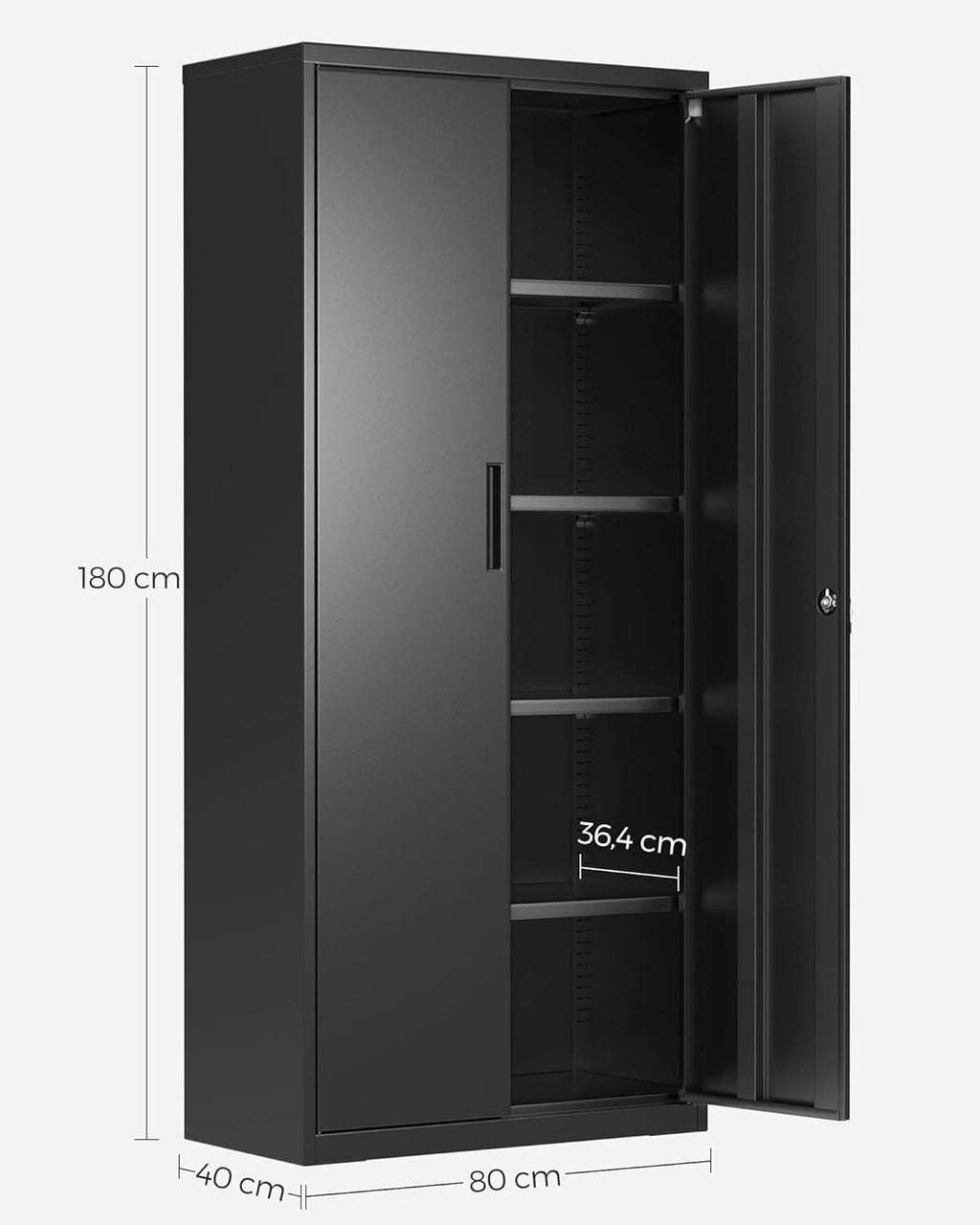Armoire de rangement en acier OMC015B01 40 x 80 x 180 cm 5 niveaux portes doubles avec serrure noir mat