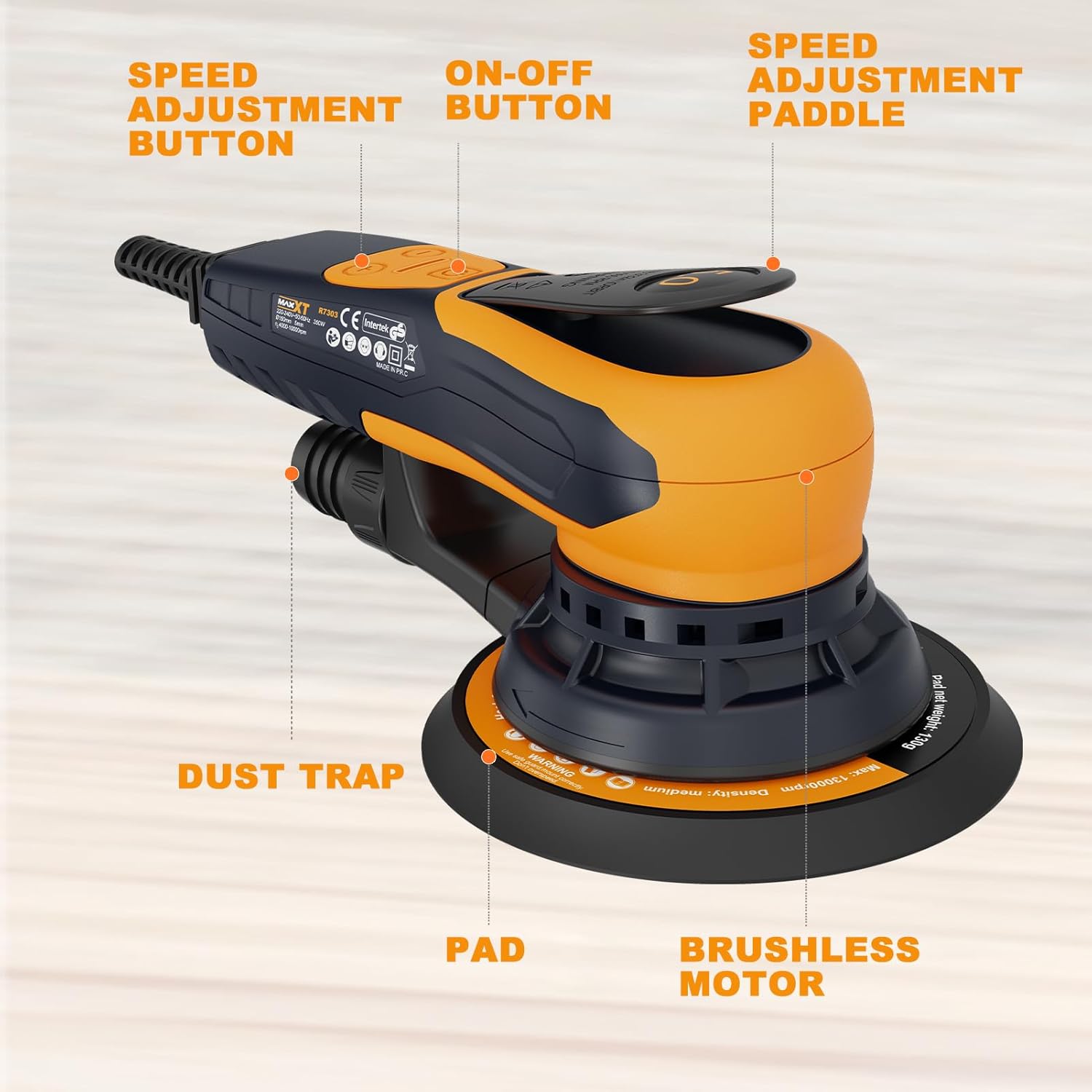 Ponceuse Électrique Sans Balais 150 mm Orbite 5 mm Avec 6 Vitesses et 10 Abrasifs