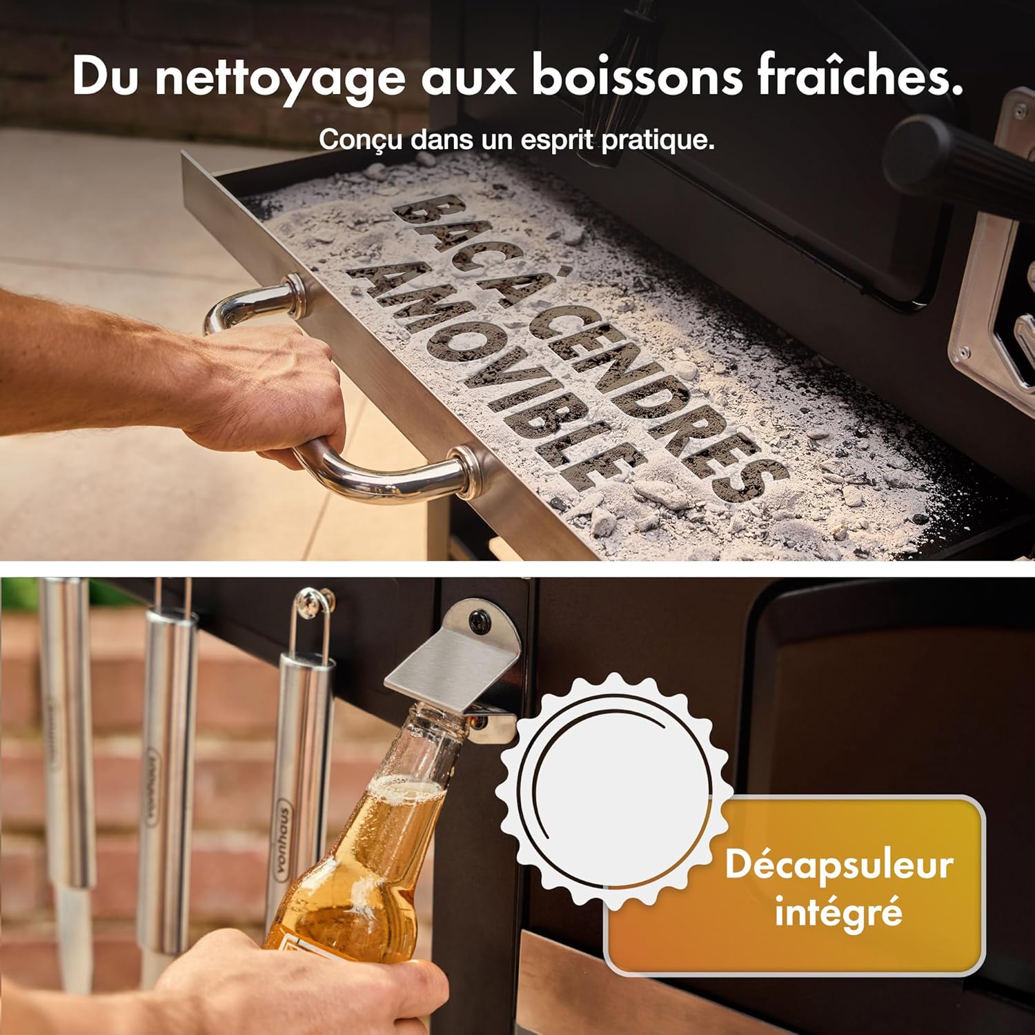 Barbecue au charbon XL American 2 en 1 grill fumoir grille fonte 57 x 41 cm thermomètre tablettes rabattables noir