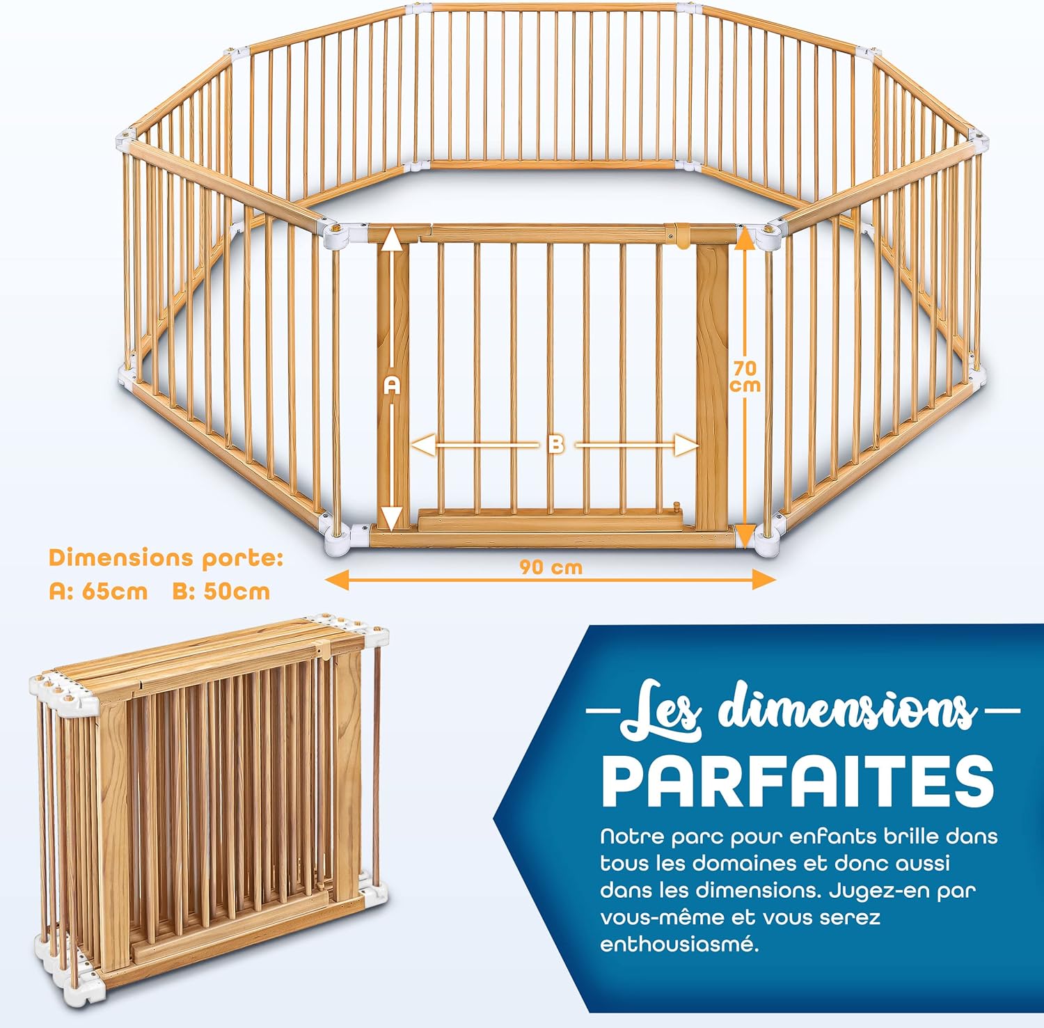 Parc bébé barrière de sécurité XXL 7,2 m 8 pièces bois pliant avec porte forme réglable blanc naturel