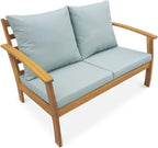 Salon jardin bois 4 places canapé fauteuils table basse acacia coussins vert de gris