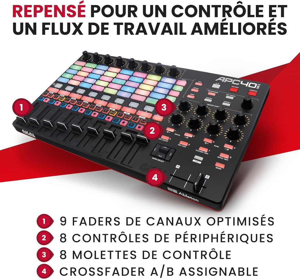 Contrôleur MIDI USB APC40 MKII 40 pads RGB avec 9 faders 8 boutons Ableton Live pour production musicale 1,8 kg