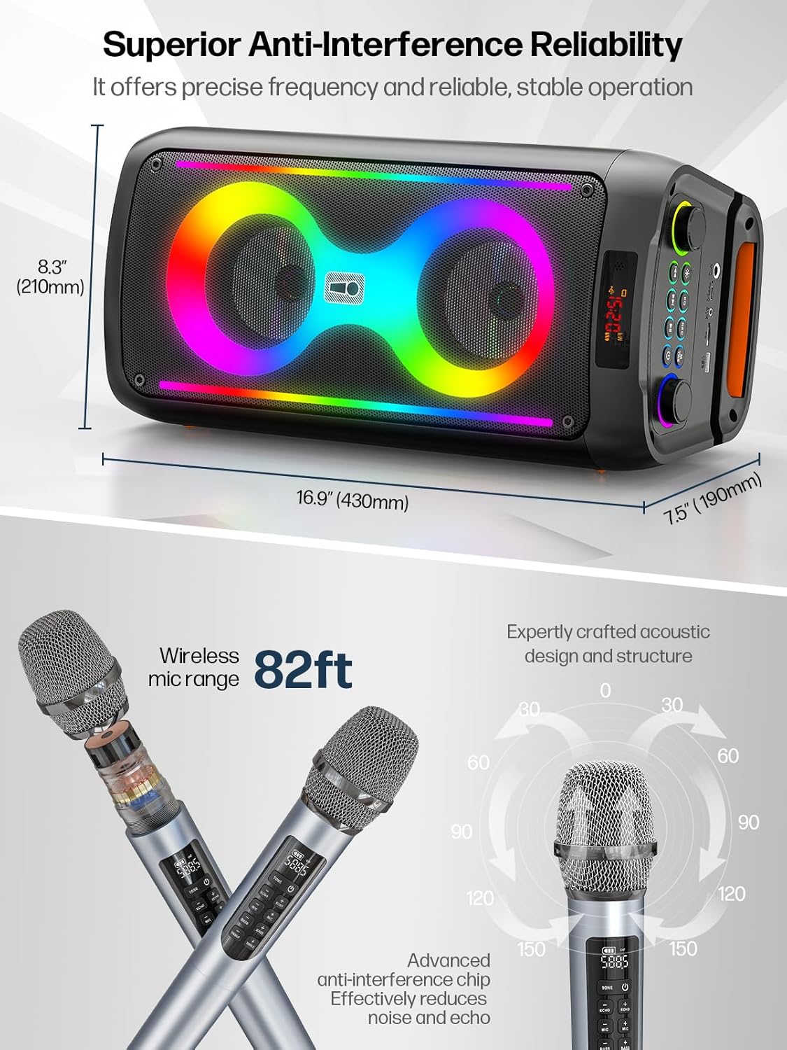 Machine karaoké portable 60 W haut-parleur Bluetooth 5.3 avec 2 microphones sans fil lumières disco USB TF AUX noir
