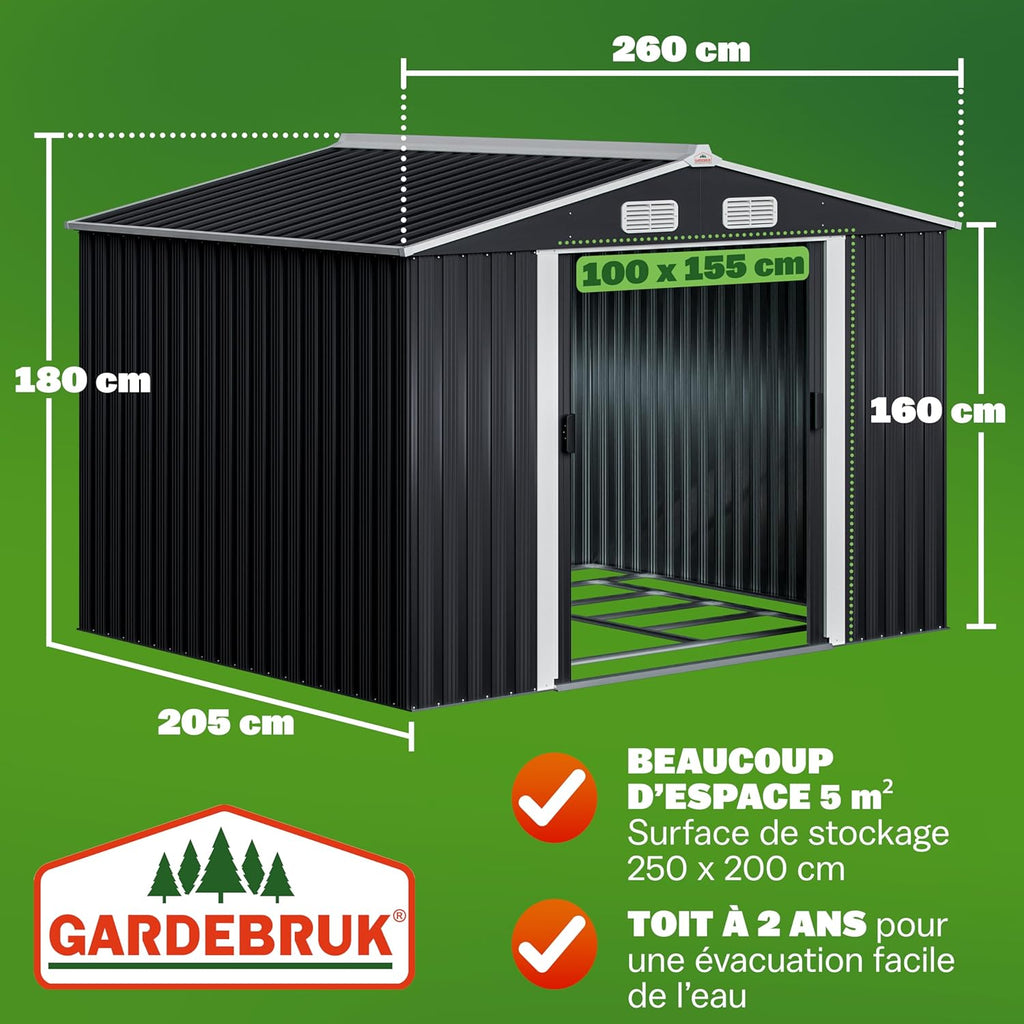 Abri de jardin métal XXL 5 m² Gardebruk 260 x 205 x 180 cm porte coulissante fondation incluse anthracite