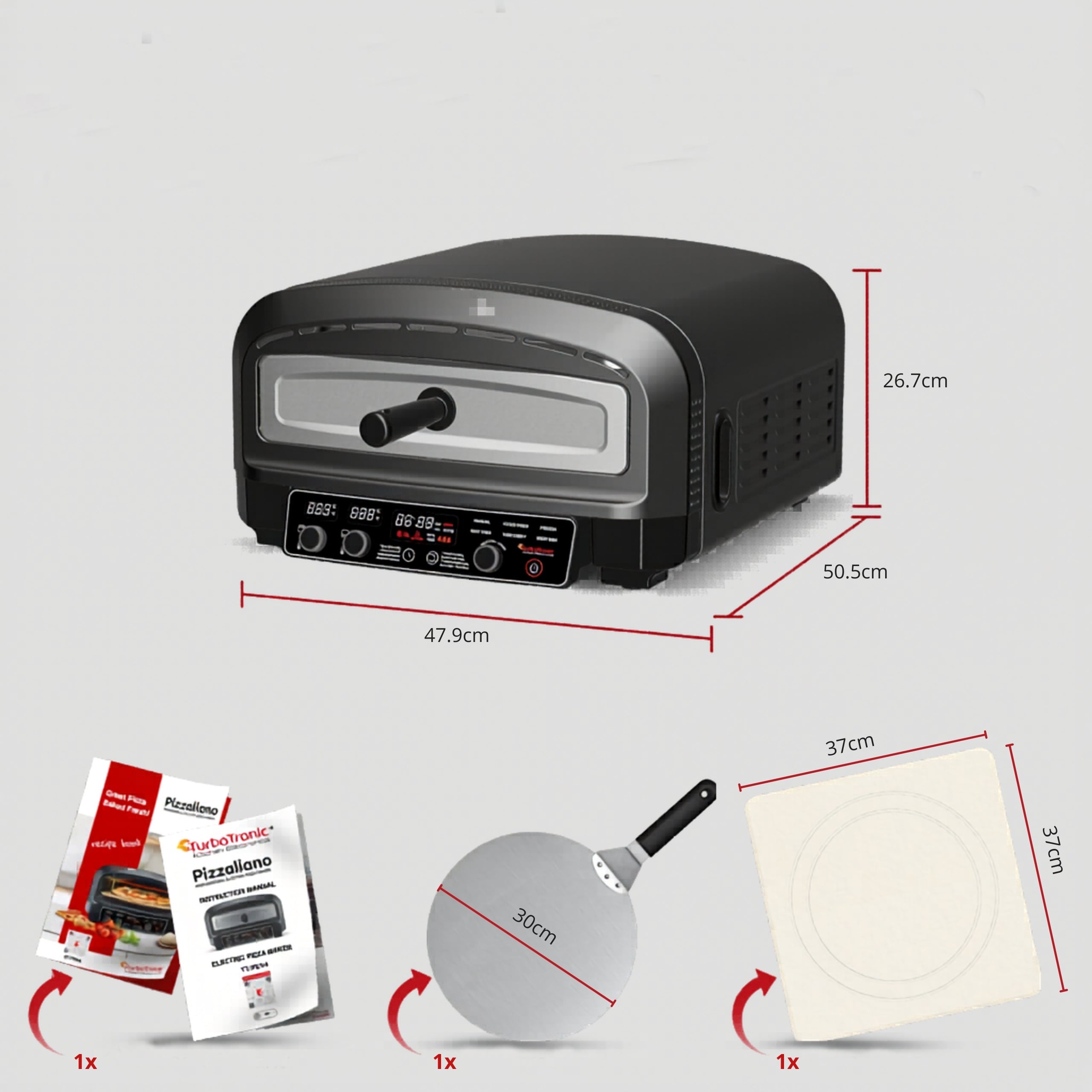 Piec do pizzy elektryczny 2200 W 450°C z kamieniem szamotowym średnicy 37 cm w zestawie łopata