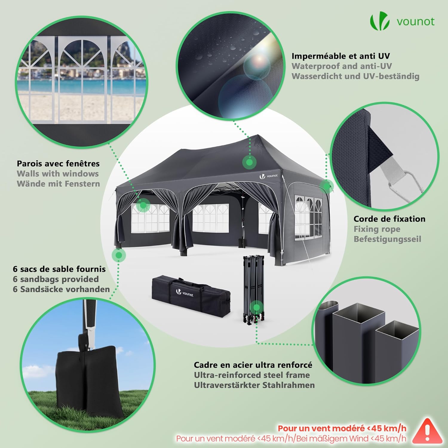 Tonnelle de jardin pliante 3 x 6 m avec parois amovibles sacs de sable structure acier protection UV50+ imperméable