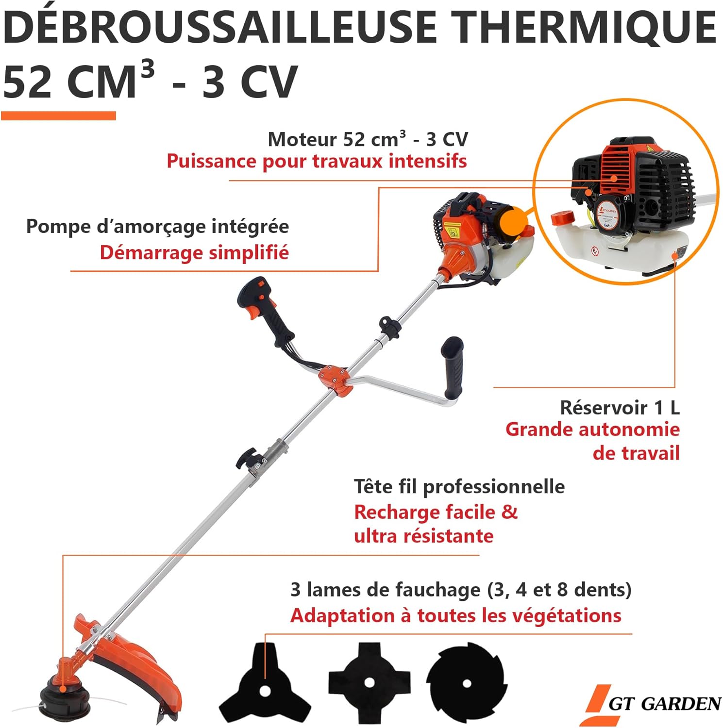 Débroussailleuse thermique 52 cm³ 3 CV avec tête fil renforcée Tap Go lames et harnais inclus
