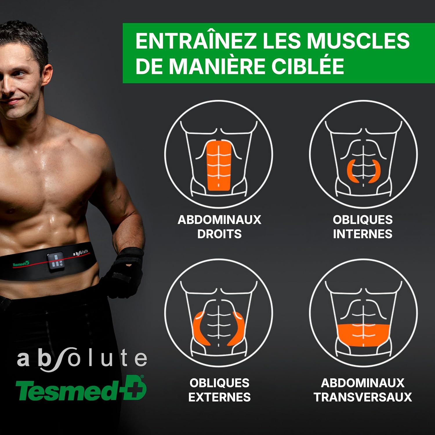Ceinture abdominale EMS Absolute sans fil rechargeable 15 programmes 99 niveaux abdos centraux latéraux unisexe Made in Italy