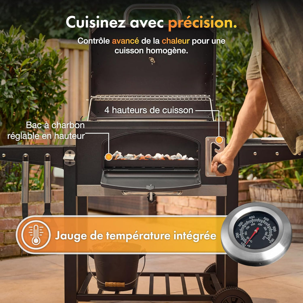 Barbecue au charbon XL American 2 en 1 grill fumoir grille fonte 57 x 41 cm thermomètre tablettes rabattables noir