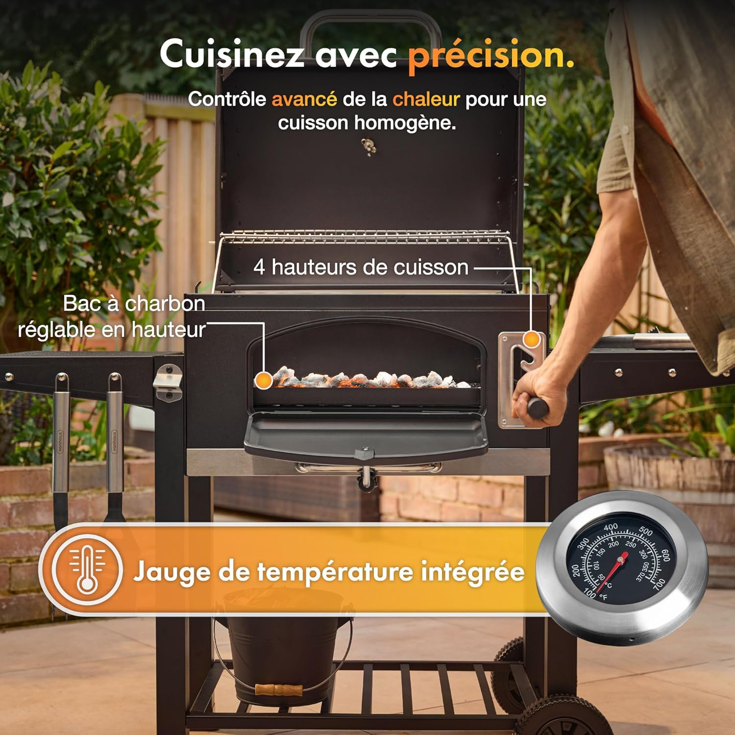 Barbecue au charbon XL American 2 en 1 grill fumoir grille fonte 57 x 41 cm thermomètre tablettes rabattables noir