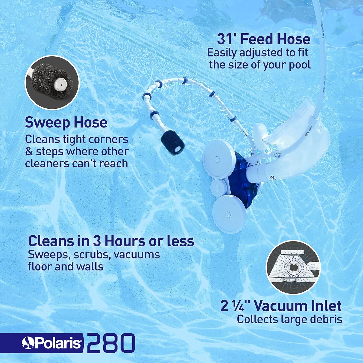 Nettoyeur de piscine à pression Polaris P280 Vac-Sweep tuyau 9,6 m déplacements multidirectionnels pour piscine enterrée blanc