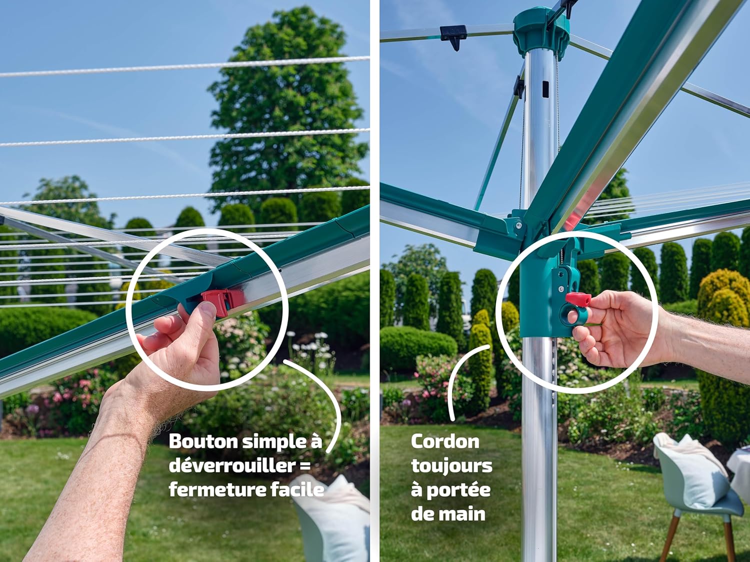 Séchoir parapluie Linomatic 600 Deluxe Cover 60 m étendoir rotatif aluminium Easy-Lift douille fixation housse gris vert