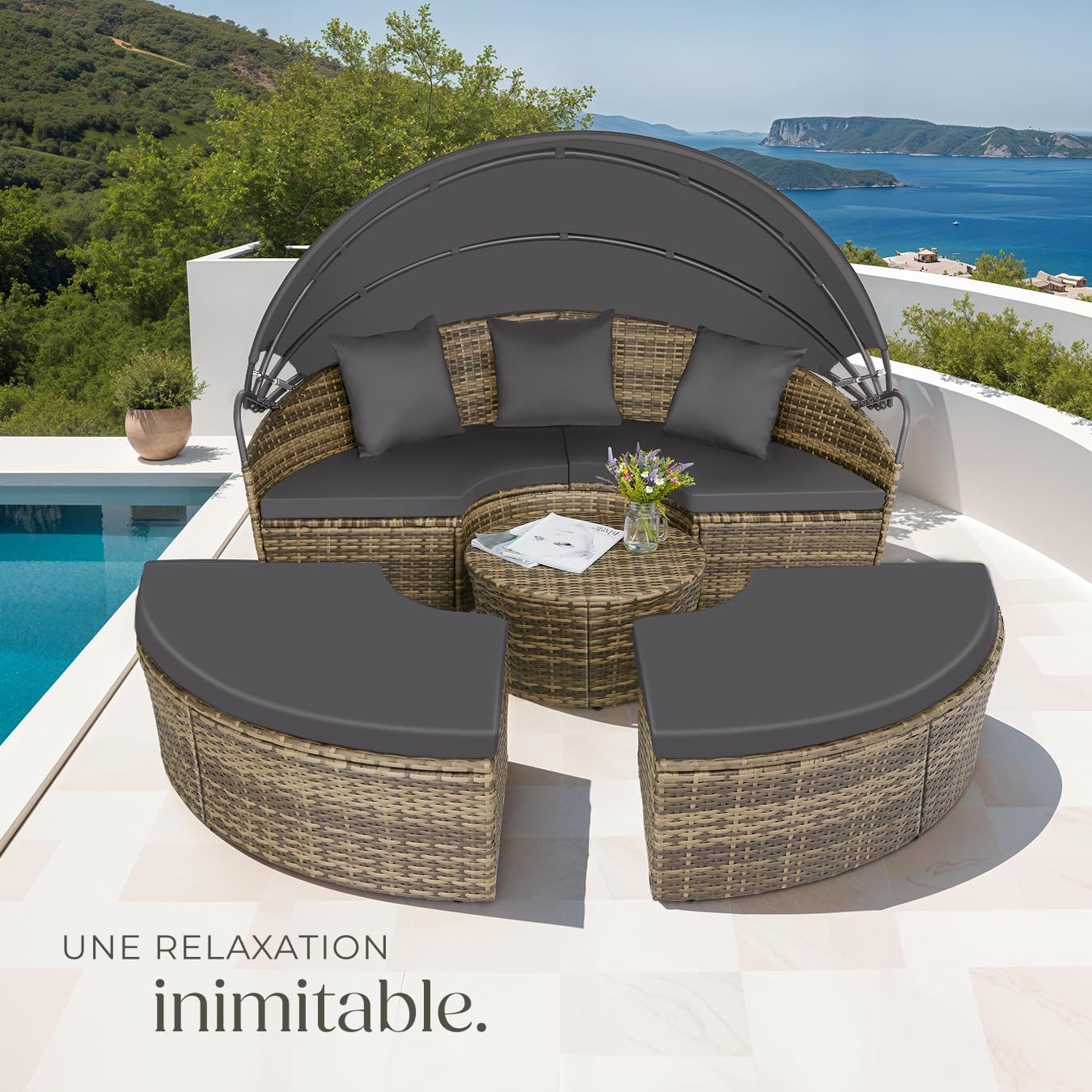 Salon de jardin modulable Santorin II en résine tressée avec bain de soleil pare-soleil pliable coussins inclus 175 x 171 x 136 cm 40 kg