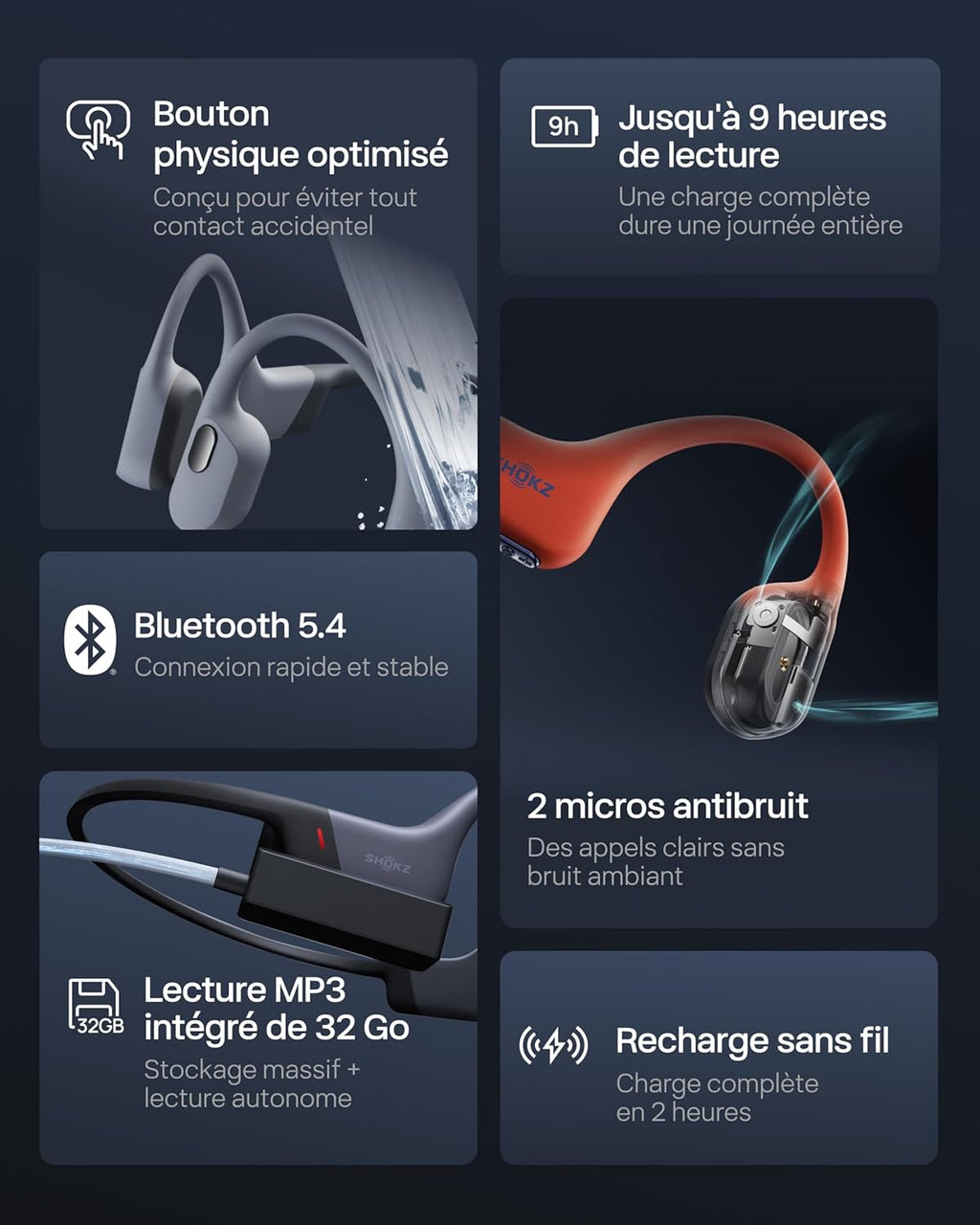 Casque à conduction osseuse OpenSwim Pro IP68 Bluetooth 5.4 stockage MP3 32 Go autonomie 9 h gris