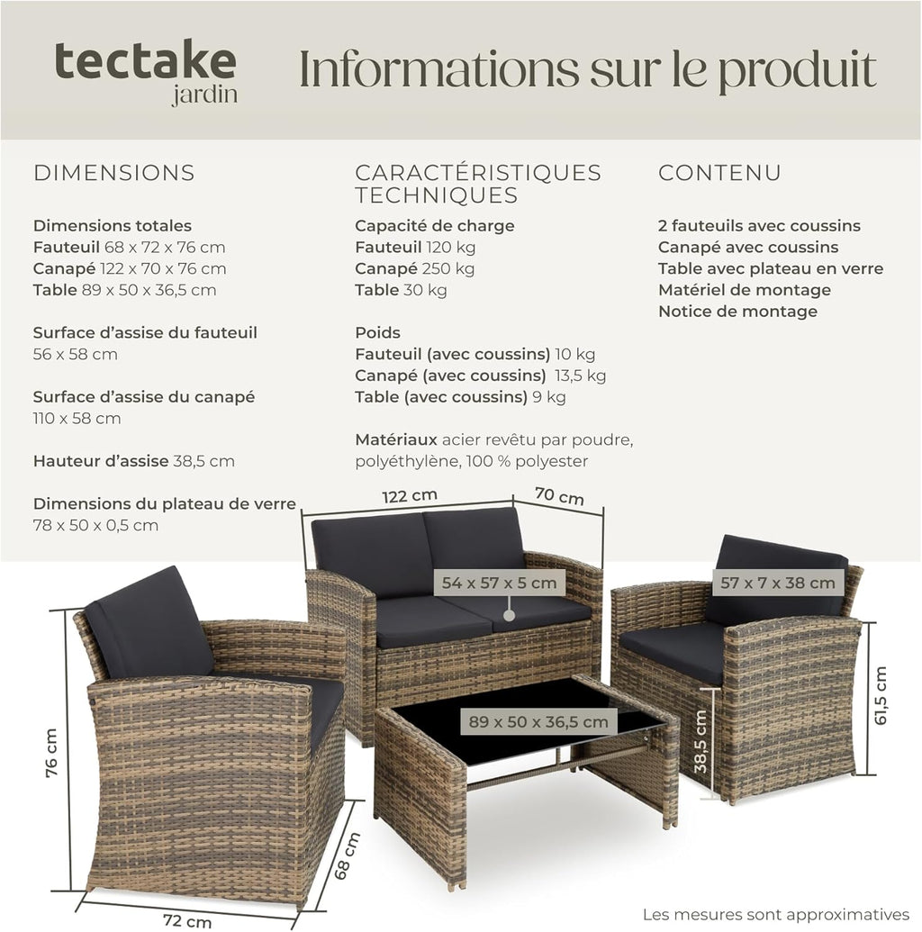 Salon de jardin résine 4 places canapé 2 fauteuils table plateau verre coussins inclus 122 x 70 x 76 cm marron gris