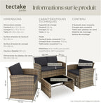 Salon de jardin résine 4 places canapé 2 fauteuils table plateau verre coussins inclus 122 x 70 x 76 cm marron gris