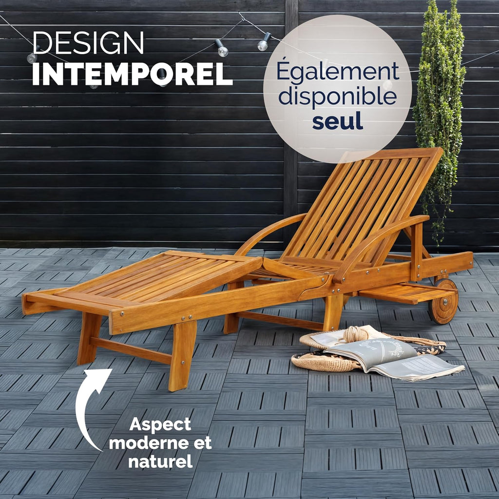 Chaises longues jardin Tami Sun bois acacia pliantes roues type transat bain de soleil