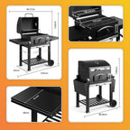 Barbecue au charbon XL American 2 en 1 grill fumoir grille fonte 57 x 41 cm thermomètre tablettes rabattables noir