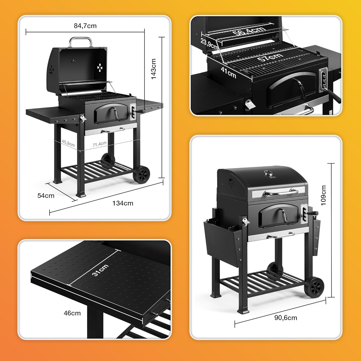 Barbecue au charbon XL American 2 en 1 grill fumoir grille fonte 57 x 41 cm thermomètre tablettes rabattables noir