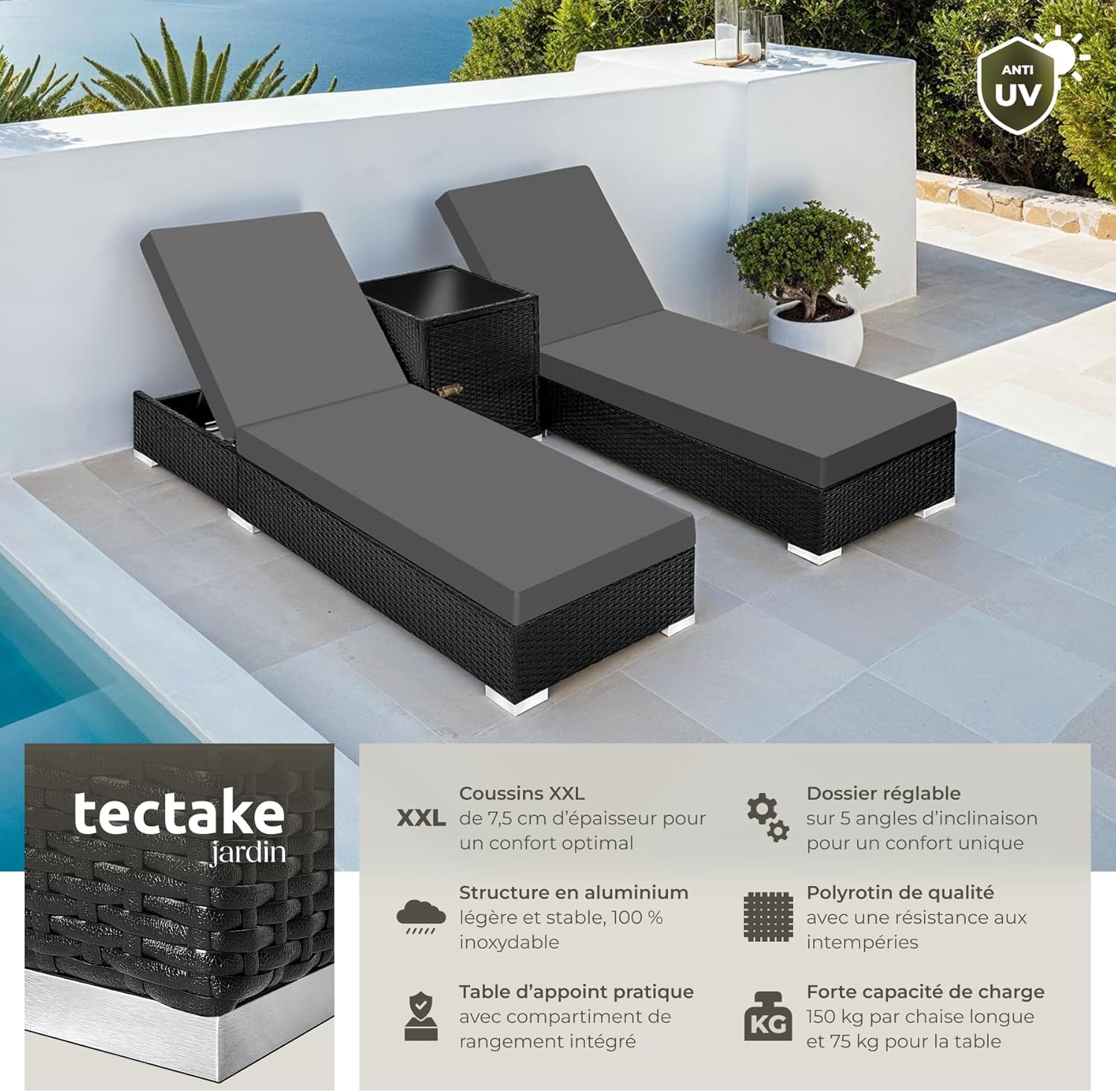 Lot de 2 chaises longues réglables en résine tressée avec table housses et protection noir marron