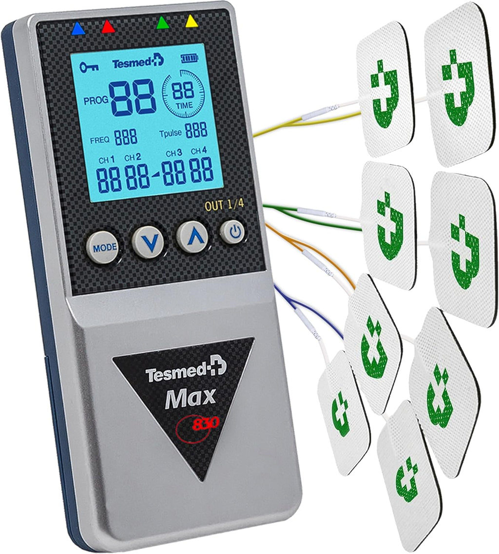 Electrostimulateur musculaire Max 830 TENS EMS massage 4 canaux 115 programmes rechargeable 20 électrodes argent