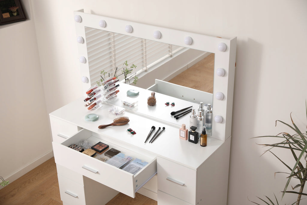 LED Makeup Vanity Table DT10 with Large Mirror 7 Drawers 3 Color Light Modes White Dressing Table 110cm