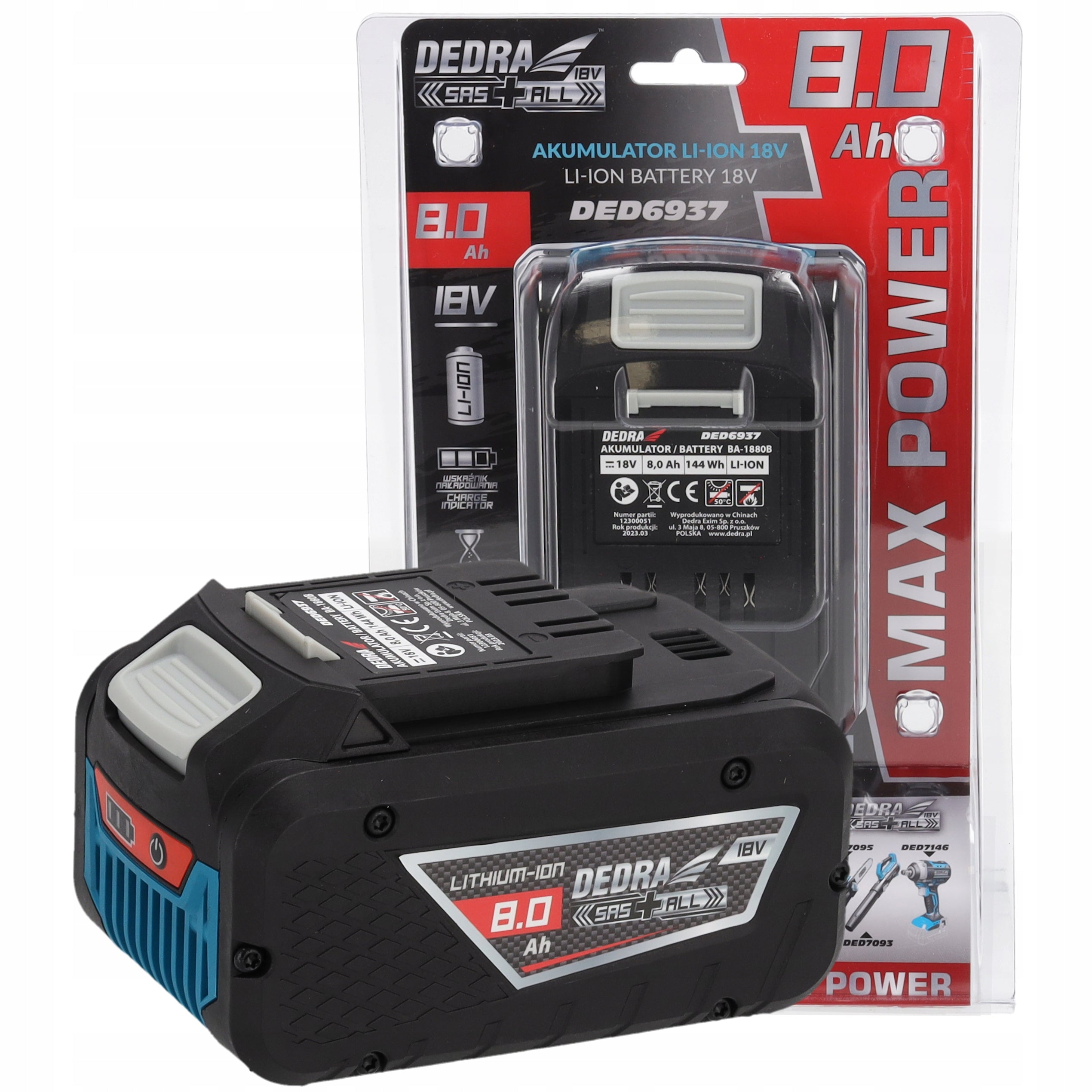 Akumulator Li-Ion DED6937 SAS+ALL 18 V 8 Ah do elektronarzędzi z 3-stopniowym wskaźnikiem LED ogniwa 21700