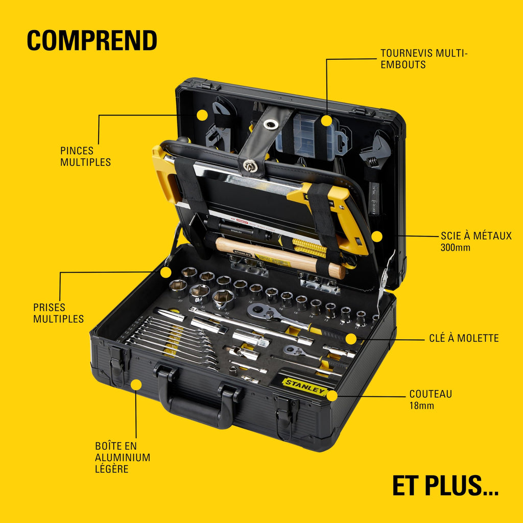 Valise à outils de maintenance STMT98109-1 142 pièces en aluminium avec tournevis pinces clés marteau et scie à métaux