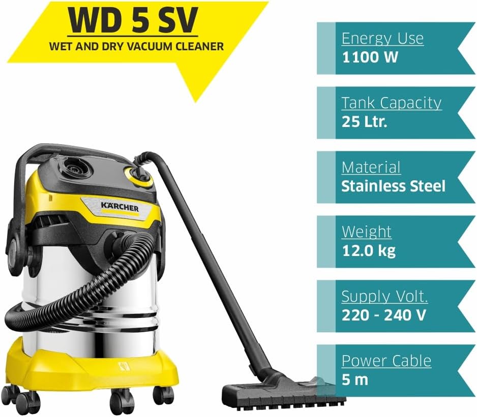 Aspirateur eau et poussières WD 5 S V-25 5 22 1100 W réservoir inox 25 L filtre plissé tuyau 2,2 m