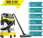 Aspirateur eau et poussières WD 5 S V-25 5 22 1100 W réservoir inox 25 L filtre plissé tuyau 2,2 m