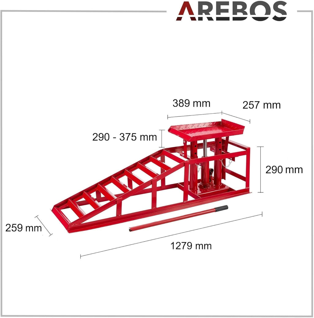 Lot 2 rampes accès avec cric hydraulique 2T pont élévateur auto XXL largeur 257 mm hauteur réglable rouge