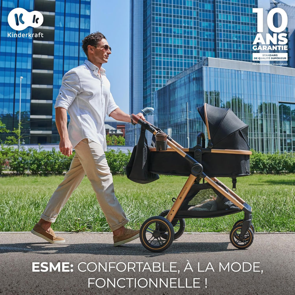 Poussette 3 en 1 ESME travel system siège auto MINK PRO i-Size 40 à 75 cm pliable tout-terrain harnais 5 points beige