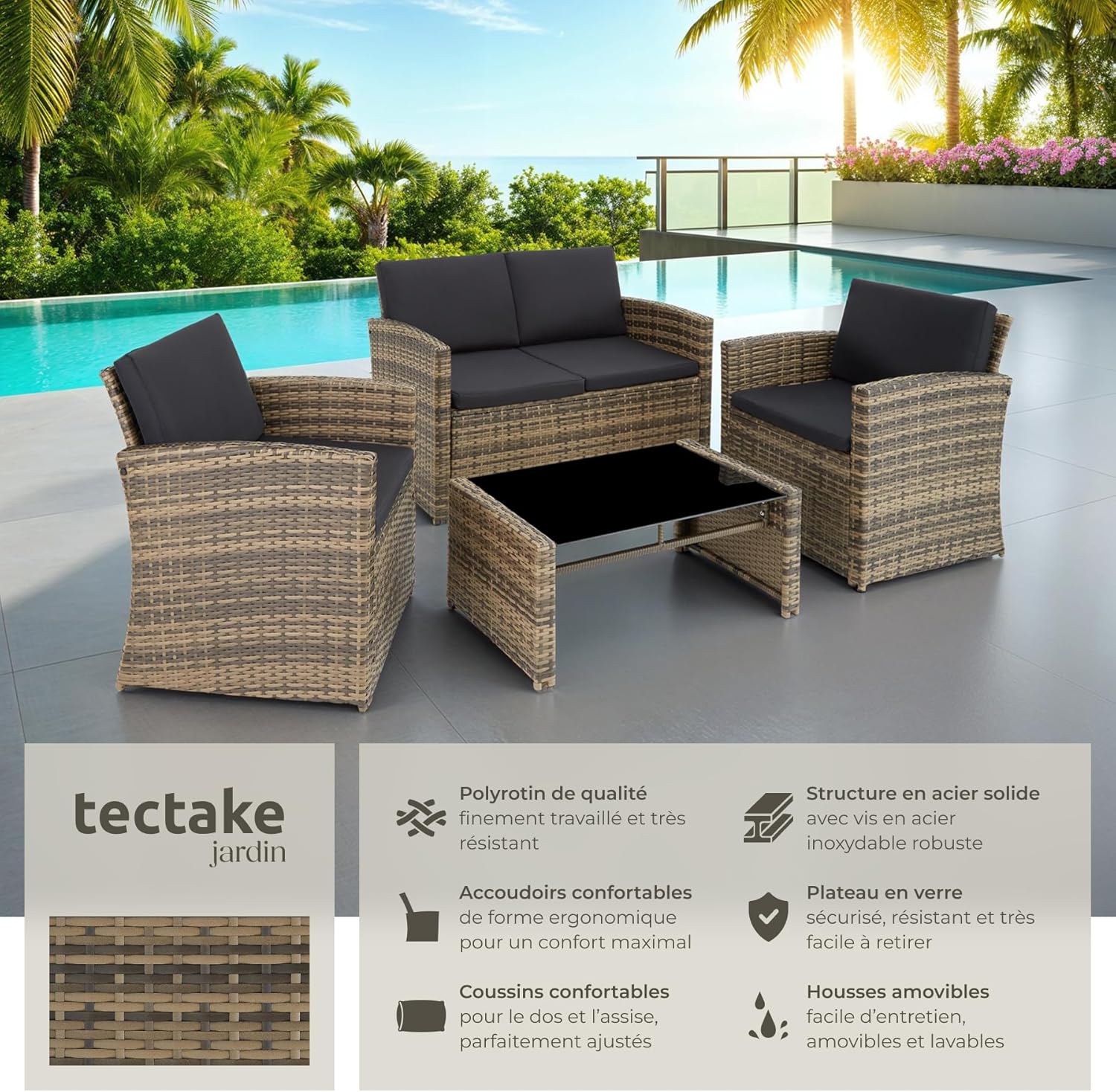 Salon de jardin résine 4 places canapé 2 fauteuils table plateau verre coussins inclus 122 x 70 x 76 cm marron gris