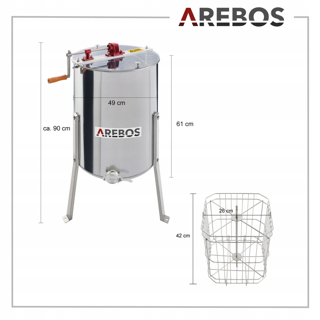 Ręczny ekstraktor miodu AR-HE-HS4R ze stali nierdzewnej 4 kasety diagonalny korpus średnica 49 cm do uli pszczelarskich