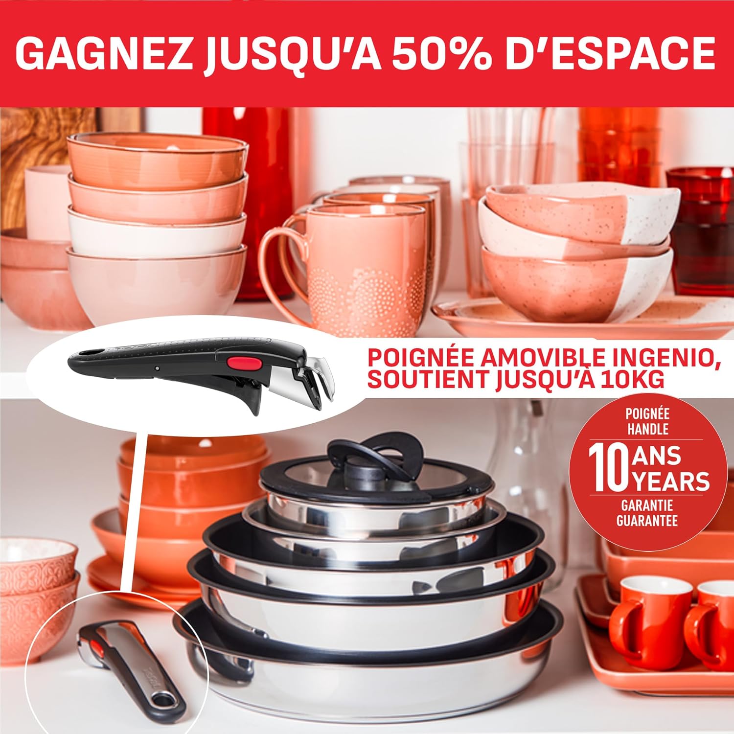 Batterie de cuisine Ingenio Emotion 20 pièces induction antiadhésive empilable 2 poignées amovibles inox L897SK04
